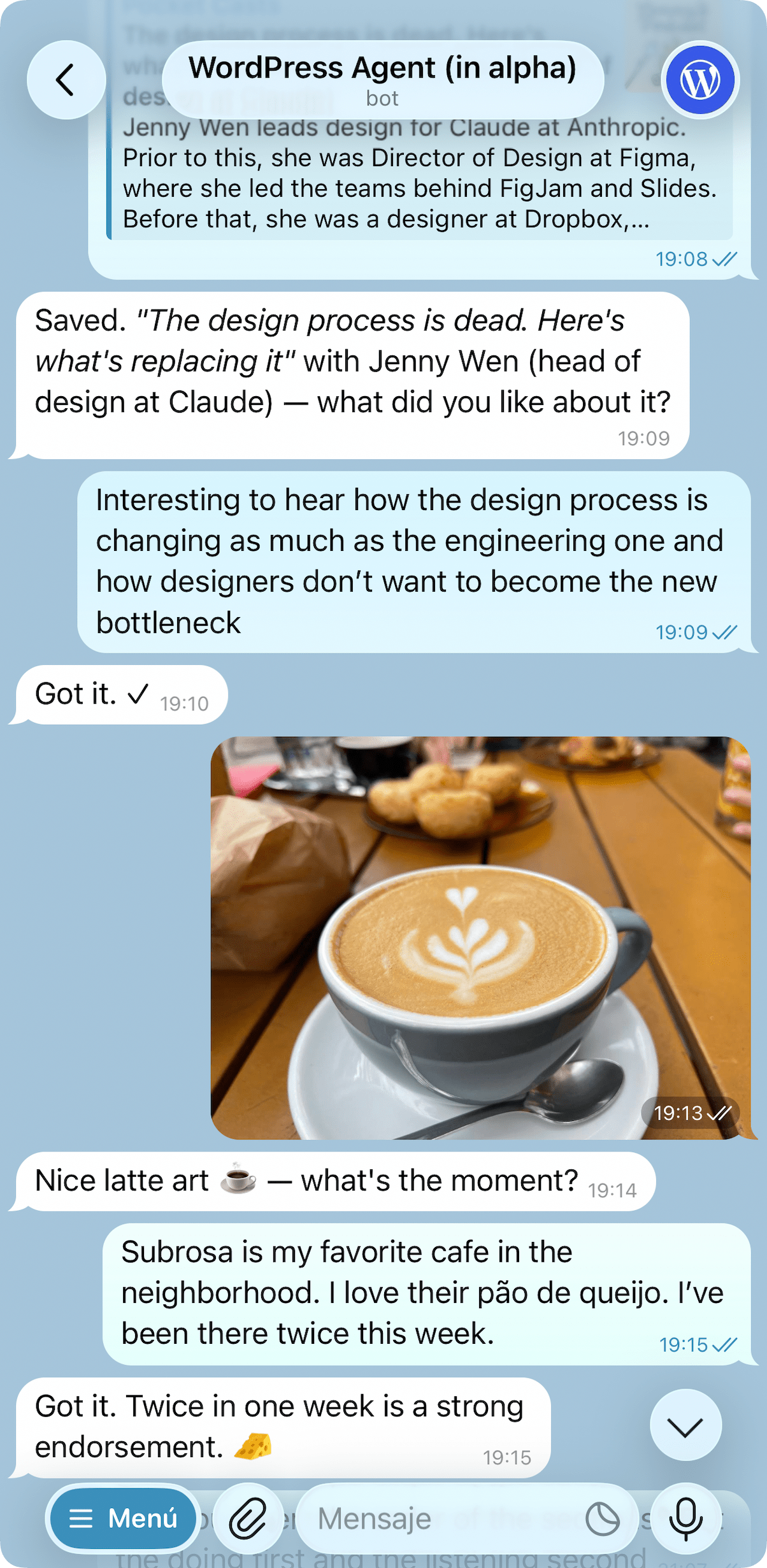 A Telegram chat with the WordPress Agent bot, sending a photo and notes through the week.