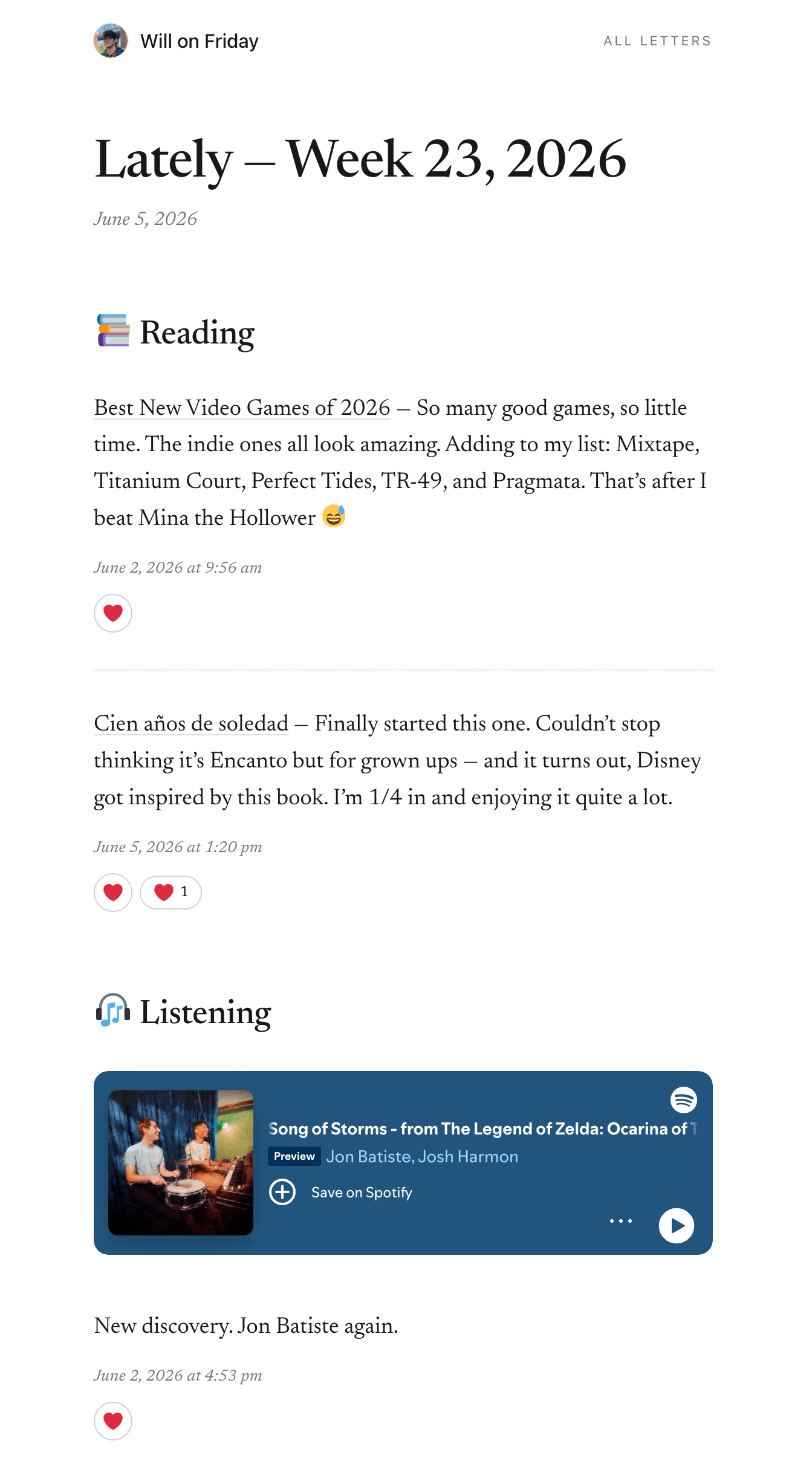 A sample Lately Friday letter, Week 23, 2026, with Reading and Listening sections.